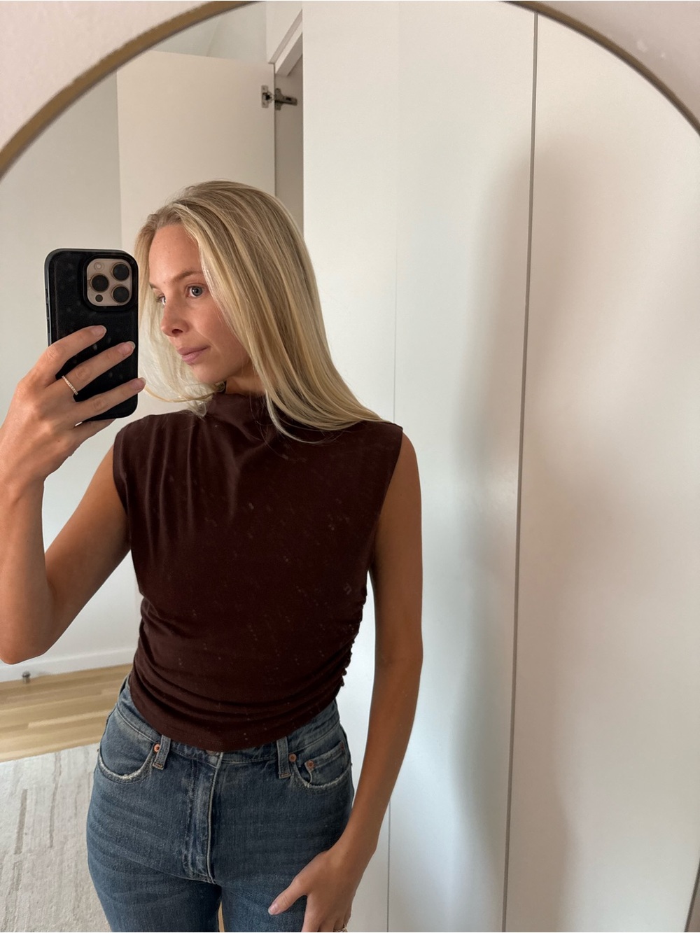 Reformation Sleeveless Mock Neck Tank in Chocolate Brown